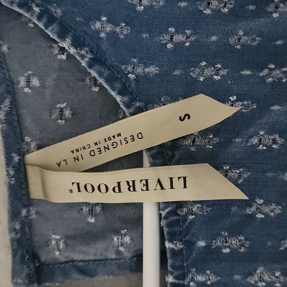 Liverpool blue chambray long-sleeved ruffle Swiss dot blouse - Picture 3 of 3